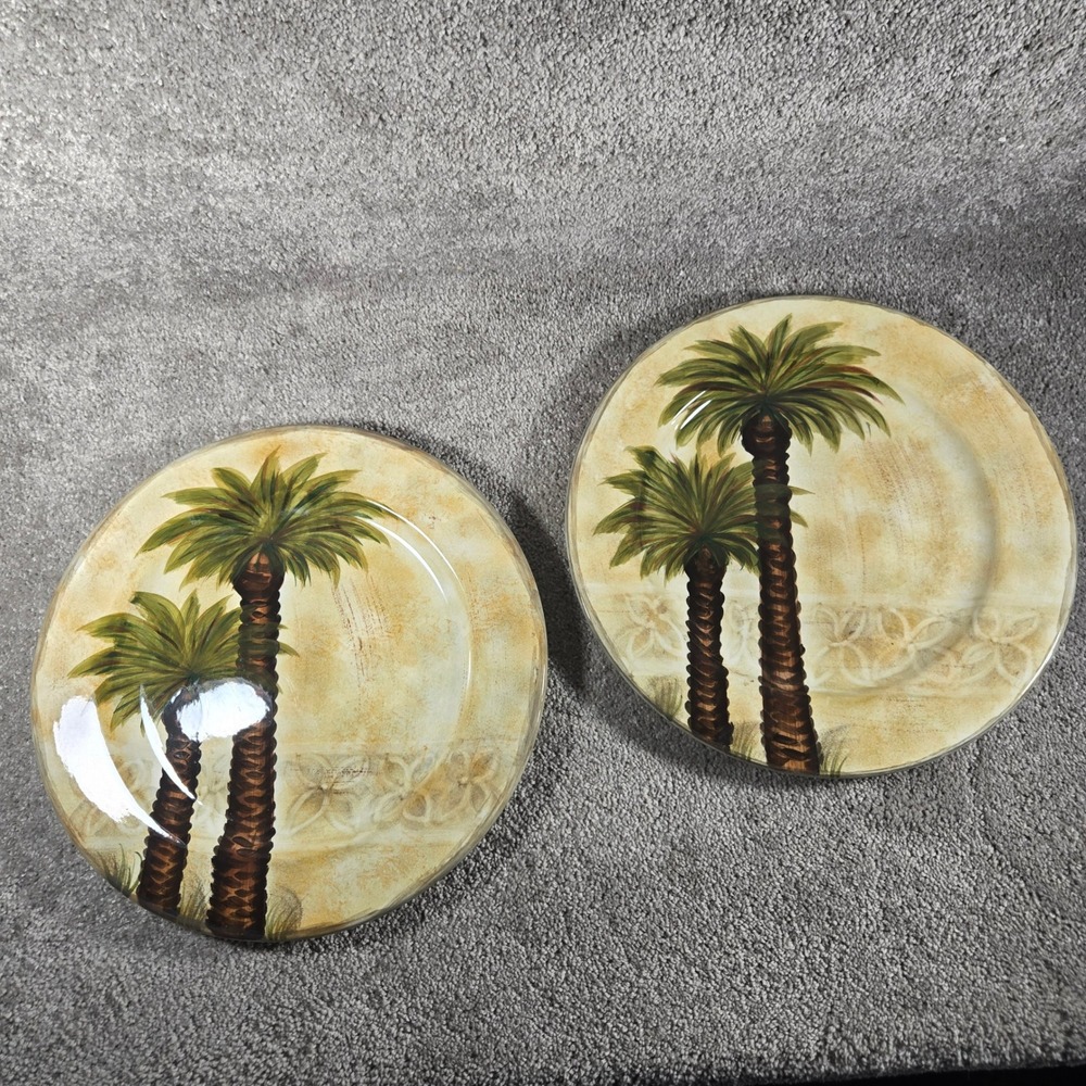 Tabletops Unlimited Bellagio Palm Tree Dinner Plates Handpainted 12.5" Set of 2